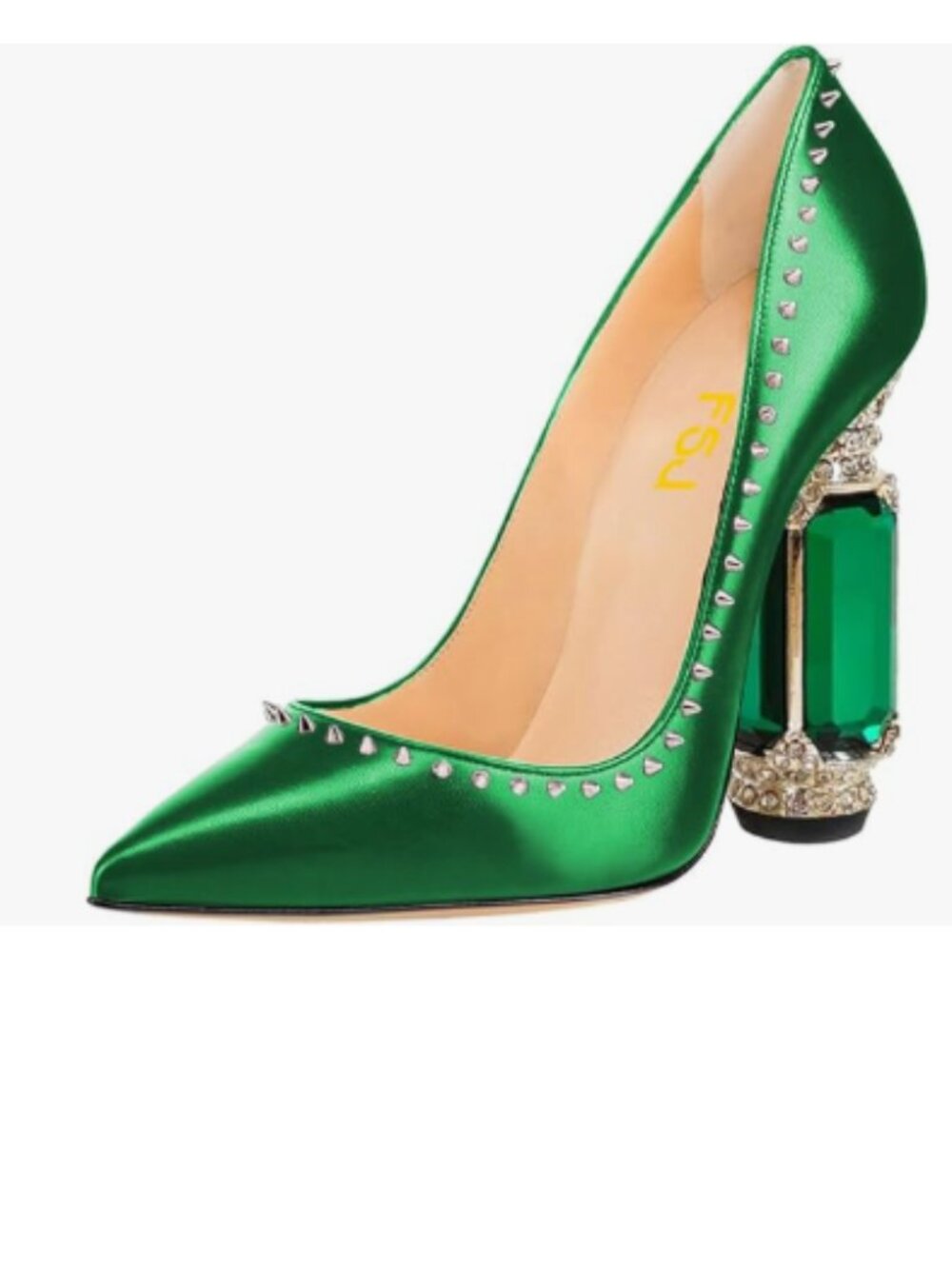 FSJ Green Matte Leather Pointed Toe High Heel Crystal Pumps Slip on Wedding Shoe